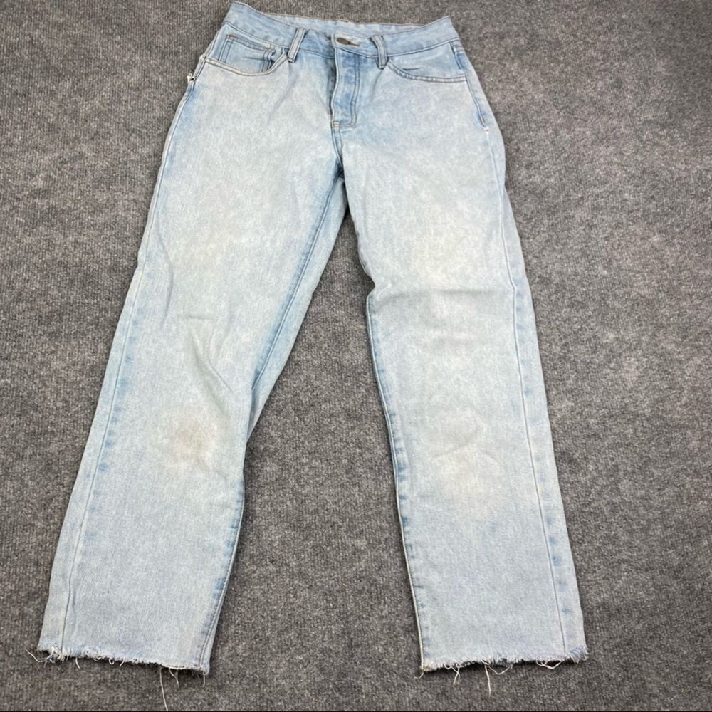 Wild‎ Fable Jeans Womens Size 4 Light Wash Straight Raw Hem Distressed Stained